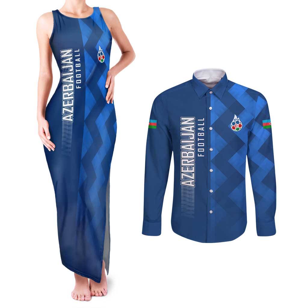 Azerbaijan Football Couples Matching Tank Maxi Dress and Long Sleeve Button Shirt with AFFA Emblem in Blue Geometric Design
