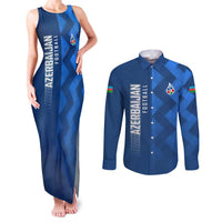 Azerbaijan Football Couples Matching Tank Maxi Dress and Long Sleeve Button Shirt with AFFA Emblem in Blue Geometric Design
