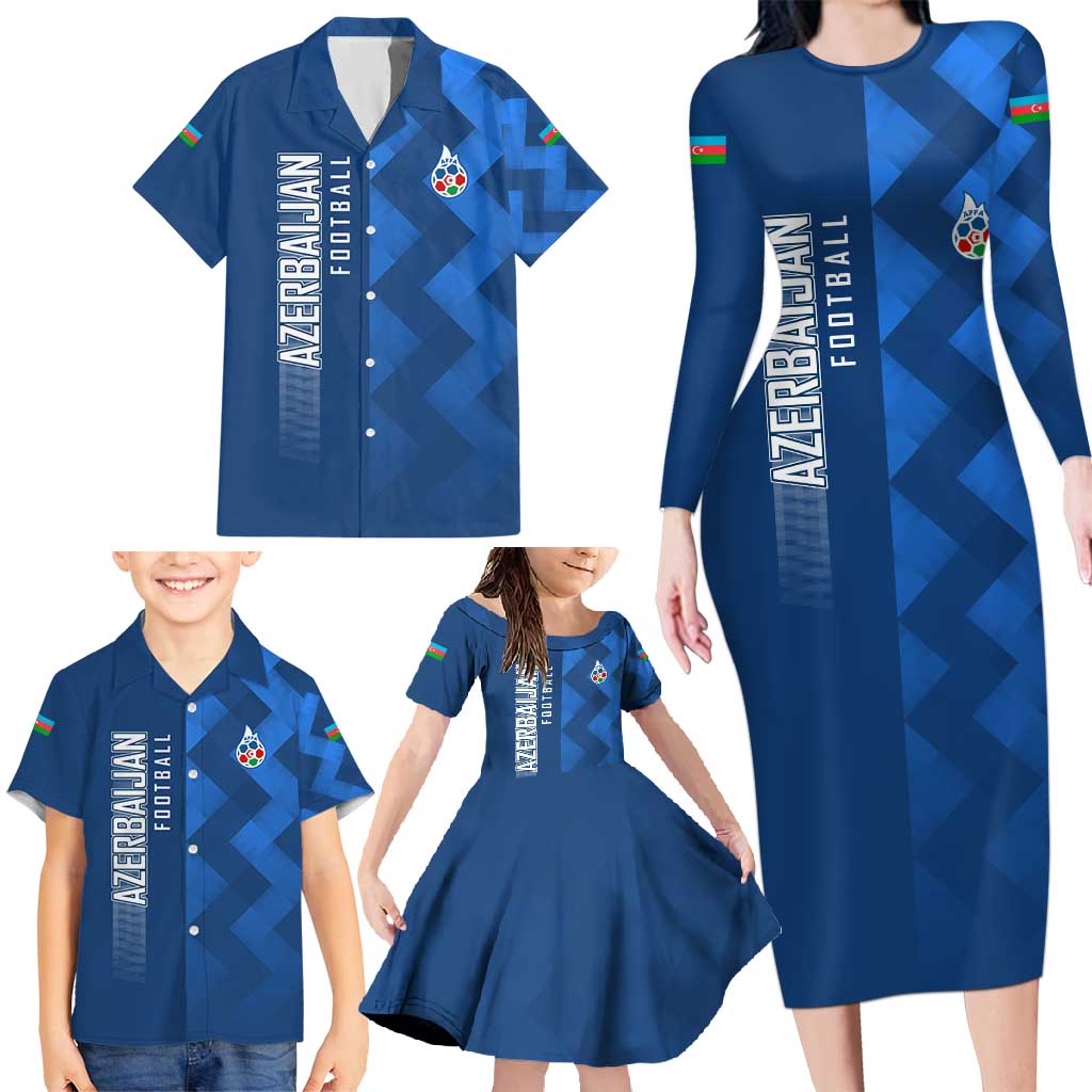 Azerbaijan Football Family Matching Long Sleeve Bodycon Dress and Hawaiian Shirt with AFFA Emblem in Blue Geometric Design