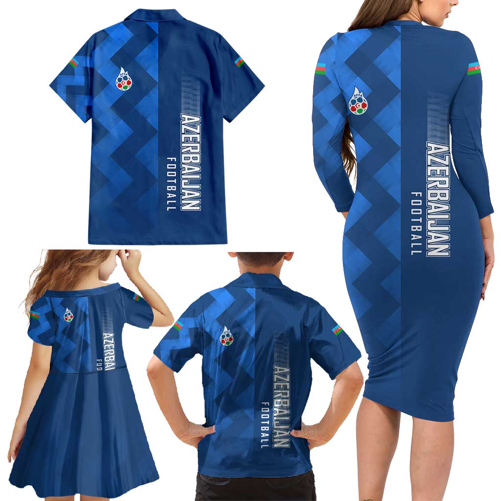 Azerbaijan Football Family Matching Long Sleeve Bodycon Dress and Hawaiian Shirt with AFFA Emblem in Blue Geometric Design