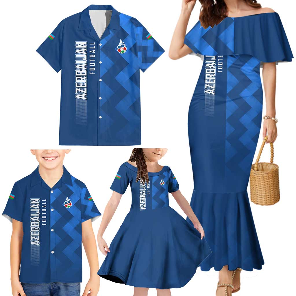Azerbaijan Football Family Matching Mermaid Dress and Hawaiian Shirt with AFFA Emblem in Blue Geometric Design