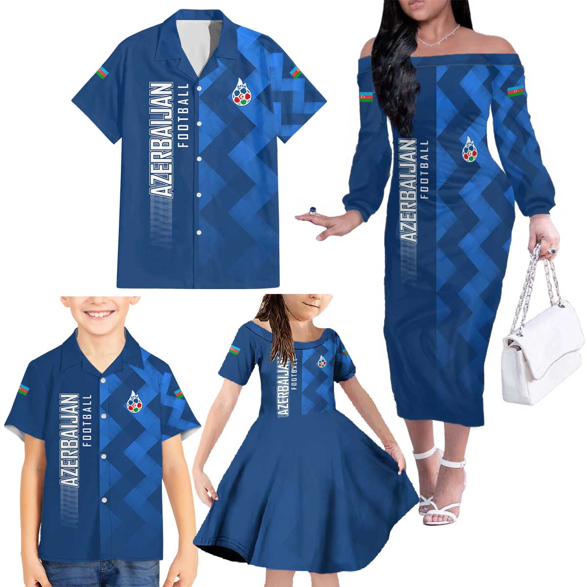 Azerbaijan Football Family Matching Off The Shoulder Long Sleeve Dress and Hawaiian Shirt with AFFA Emblem in Blue Geometric Design