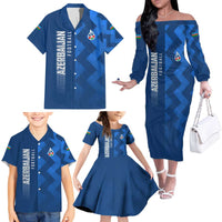 Azerbaijan Football Family Matching Off The Shoulder Long Sleeve Dress and Hawaiian Shirt with AFFA Emblem in Blue Geometric Design