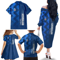 Azerbaijan Football Family Matching Off The Shoulder Long Sleeve Dress and Hawaiian Shirt with AFFA Emblem in Blue Geometric Design