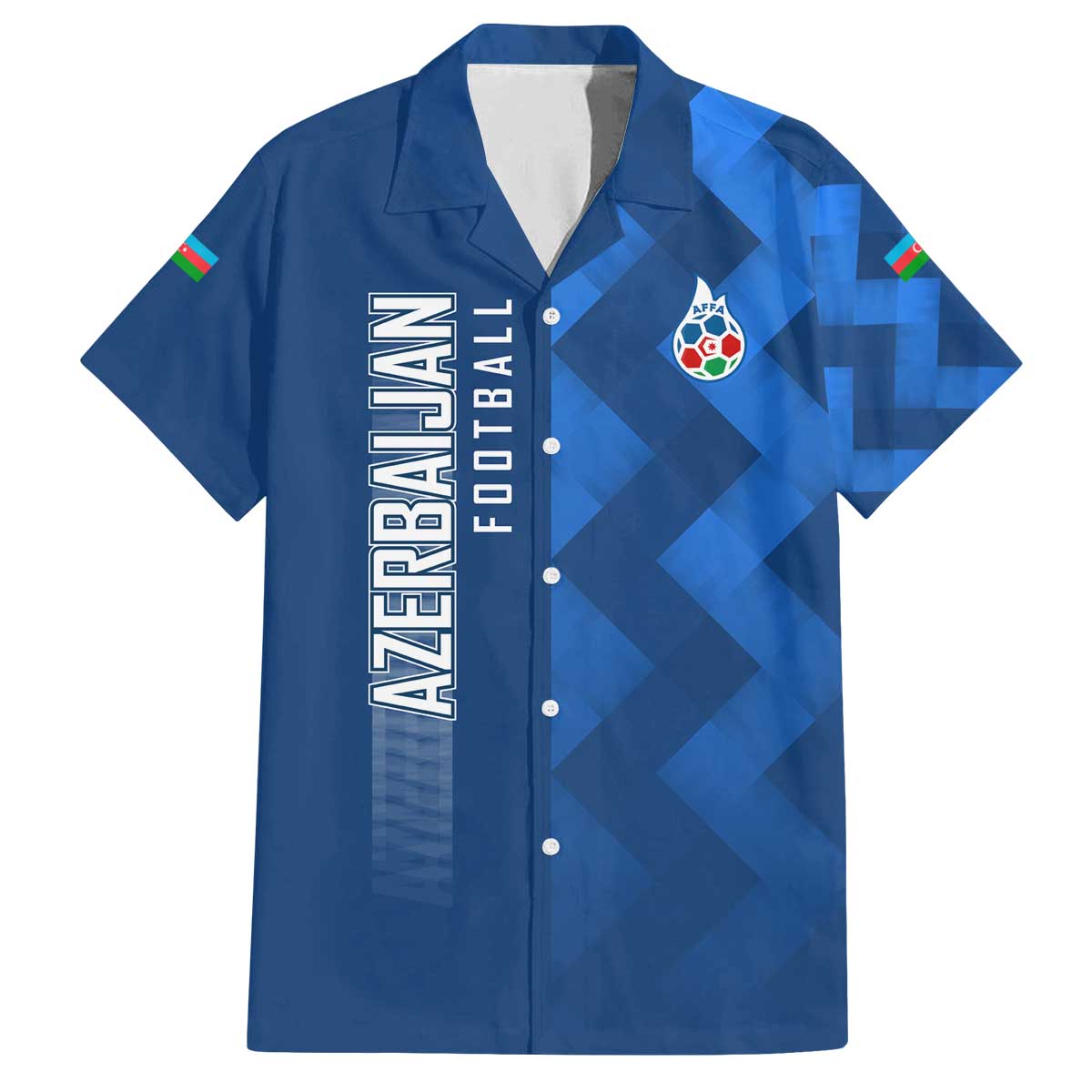 Azerbaijan Football Family Matching Off The Shoulder Long Sleeve Dress and Hawaiian Shirt with AFFA Emblem in Blue Geometric Design