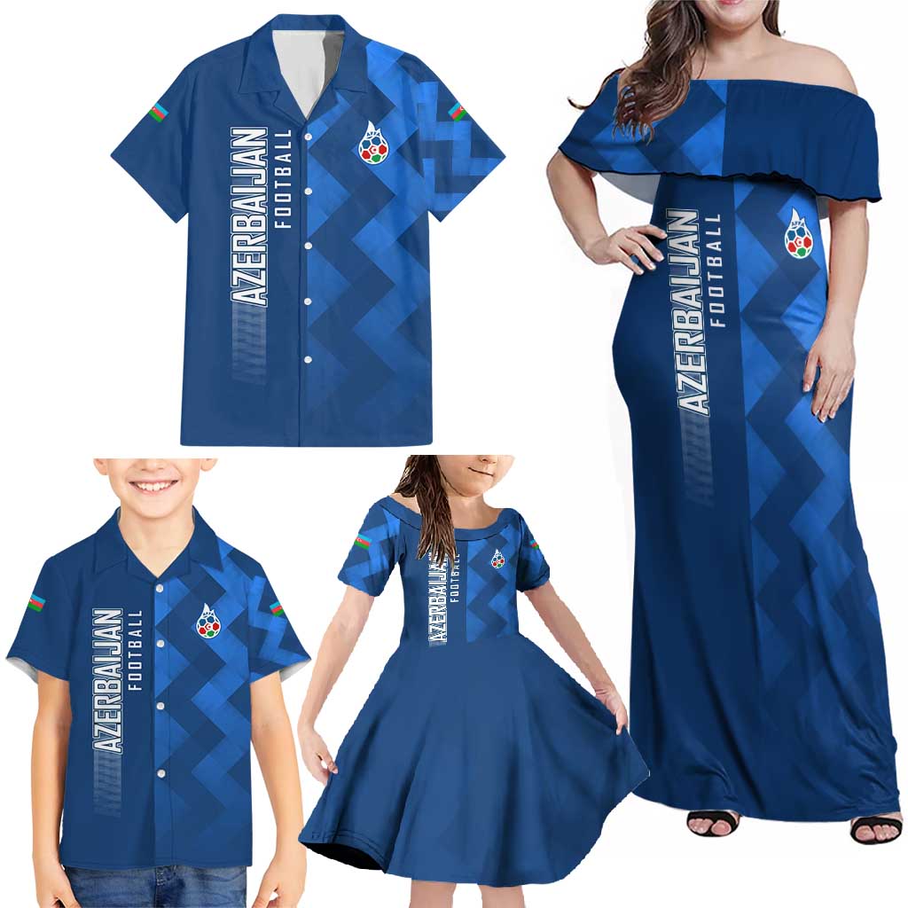 Azerbaijan Football Family Matching Off Shoulder Maxi Dress and Hawaiian Shirt with AFFA Emblem in Blue Geometric Design