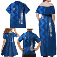 Azerbaijan Football Family Matching Off Shoulder Maxi Dress and Hawaiian Shirt with AFFA Emblem in Blue Geometric Design