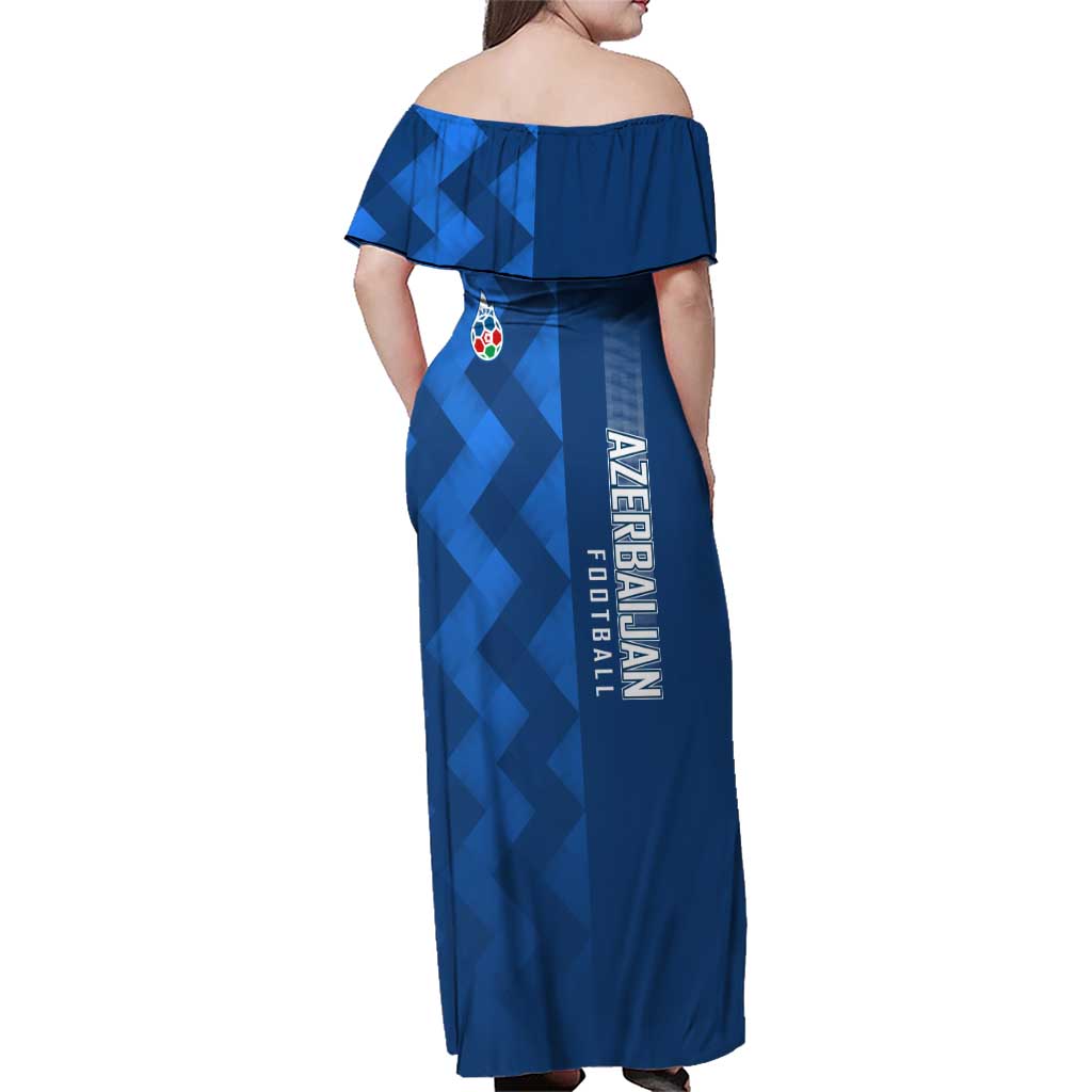 Azerbaijan Football Family Matching Off Shoulder Maxi Dress and Hawaiian Shirt with AFFA Emblem in Blue Geometric Design