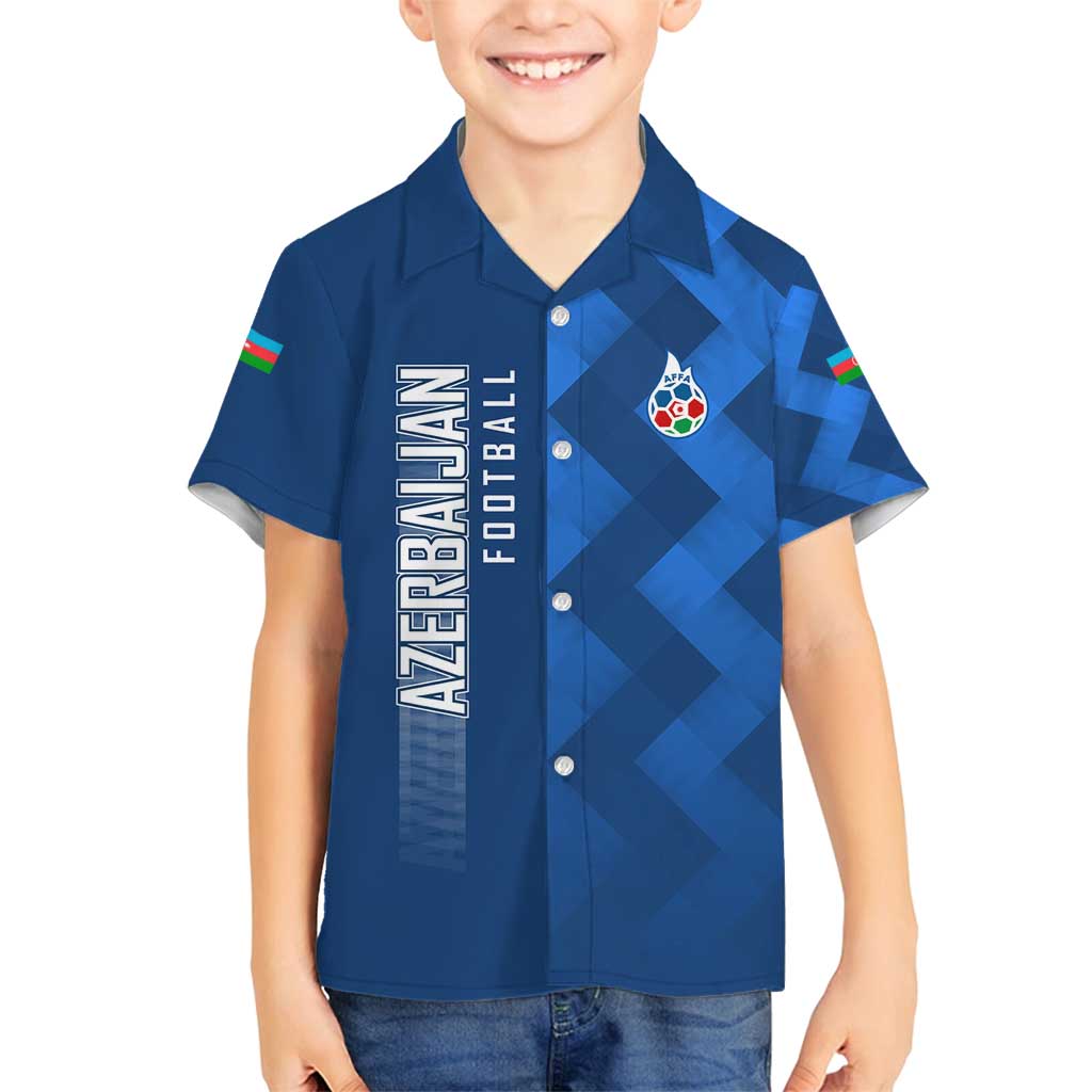 Azerbaijan Football Family Matching Off Shoulder Maxi Dress and Hawaiian Shirt with AFFA Emblem in Blue Geometric Design