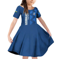 Azerbaijan Football Family Matching Off Shoulder Short Dress and Hawaiian Shirt with AFFA Emblem in Blue Geometric Design