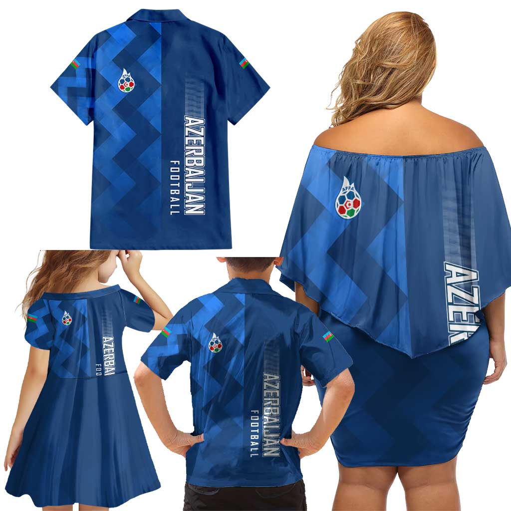 Azerbaijan Football Family Matching Off Shoulder Short Dress and Hawaiian Shirt with AFFA Emblem in Blue Geometric Design