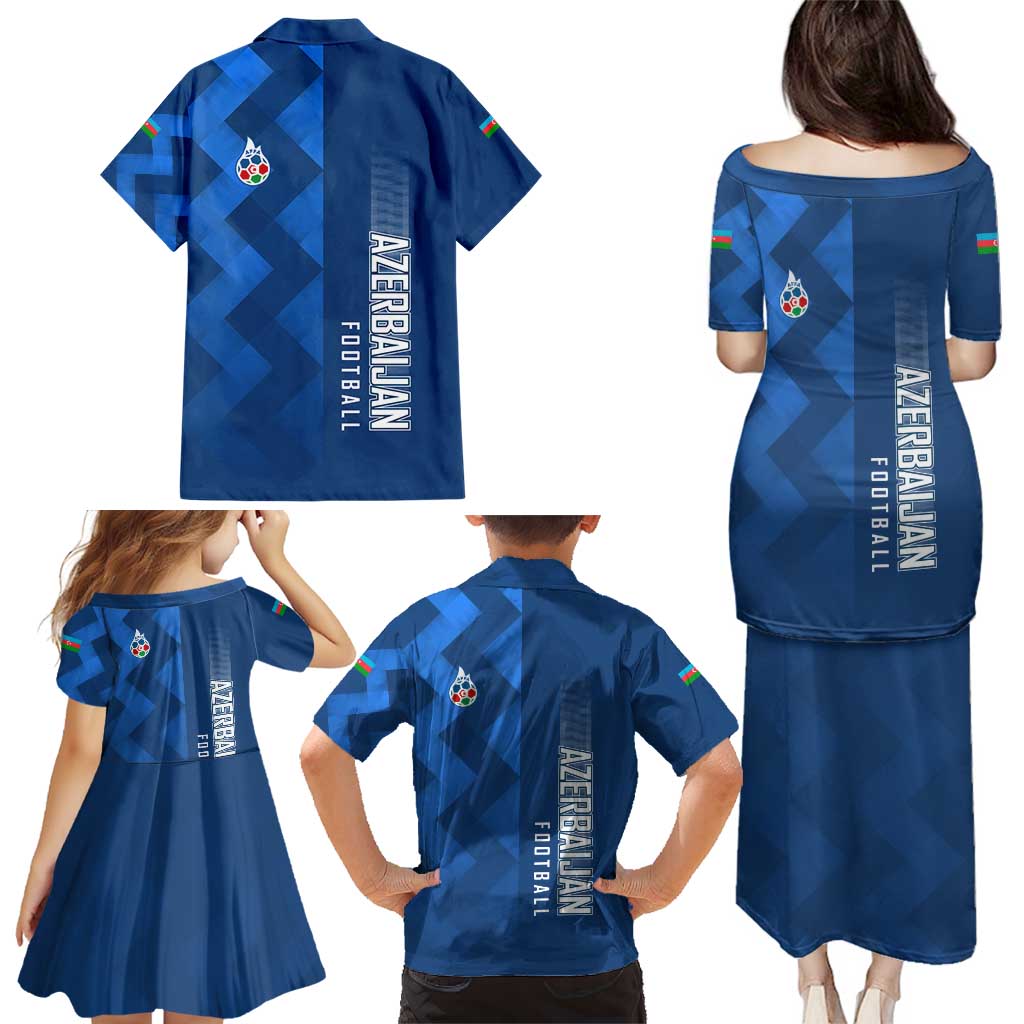 Azerbaijan Football Family Matching Puletasi and Hawaiian Shirt with AFFA Emblem in Blue Geometric Design