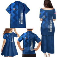 Azerbaijan Football Family Matching Puletasi and Hawaiian Shirt with AFFA Emblem in Blue Geometric Design