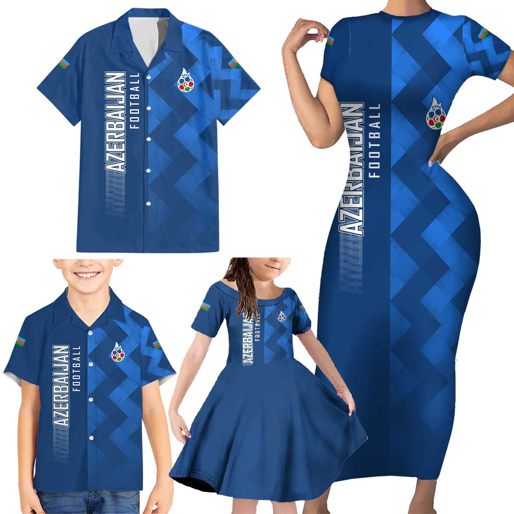 Azerbaijan Football Family Matching Short Sleeve Bodycon Dress and Hawaiian Shirt with AFFA Emblem in Blue Geometric Design