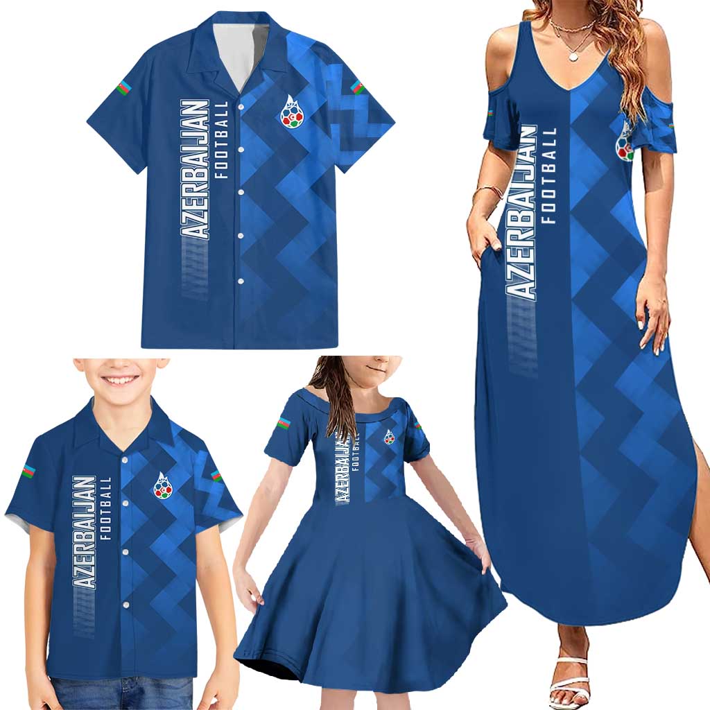 Azerbaijan Football Family Matching Summer Maxi Dress and Hawaiian Shirt with AFFA Emblem in Blue Geometric Design