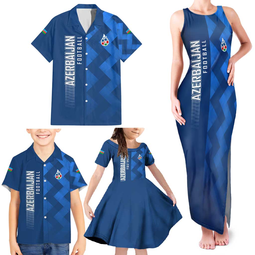Azerbaijan Football Family Matching Tank Maxi Dress and Hawaiian Shirt with AFFA Emblem in Blue Geometric Design