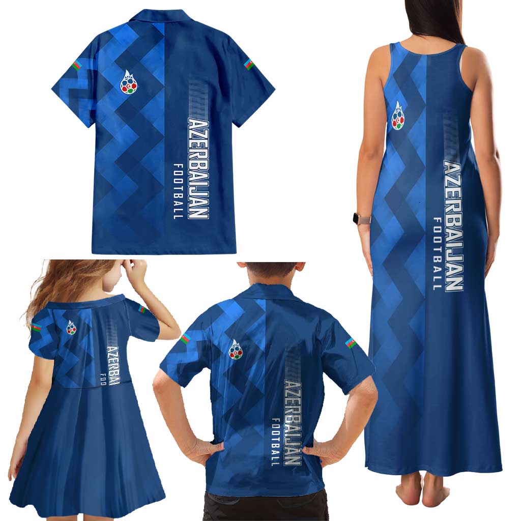 Azerbaijan Football Family Matching Tank Maxi Dress and Hawaiian Shirt with AFFA Emblem in Blue Geometric Design