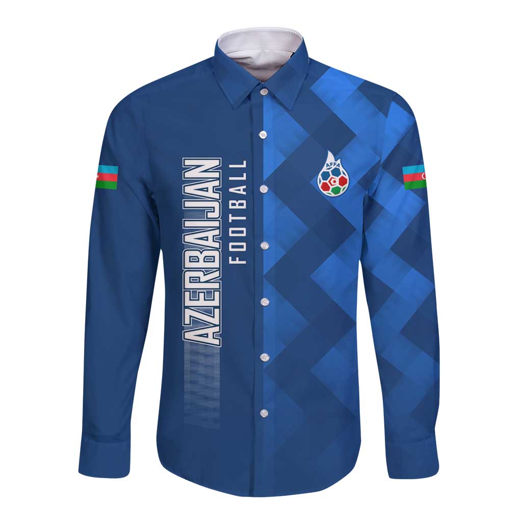 Azerbaijan Football Long Sleeve Button Shirt with AFFA Emblem in Blue Geometric Design