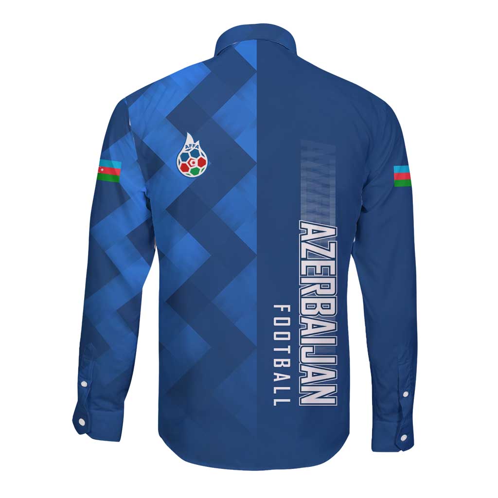 Azerbaijan Football Long Sleeve Button Shirt with AFFA Emblem in Blue Geometric Design