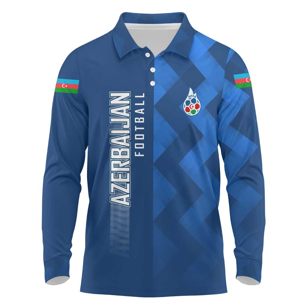 Azerbaijan Football Long Sleeve Polo Shirt with AFFA Emblem in Blue Geometric Design