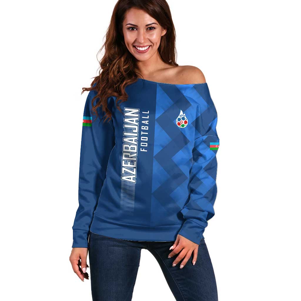 Azerbaijan Football Off Shoulder Sweater with AFFA Emblem in Blue Geometric Design