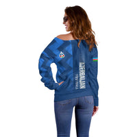 Azerbaijan Football Off Shoulder Sweater with AFFA Emblem in Blue Geometric Design