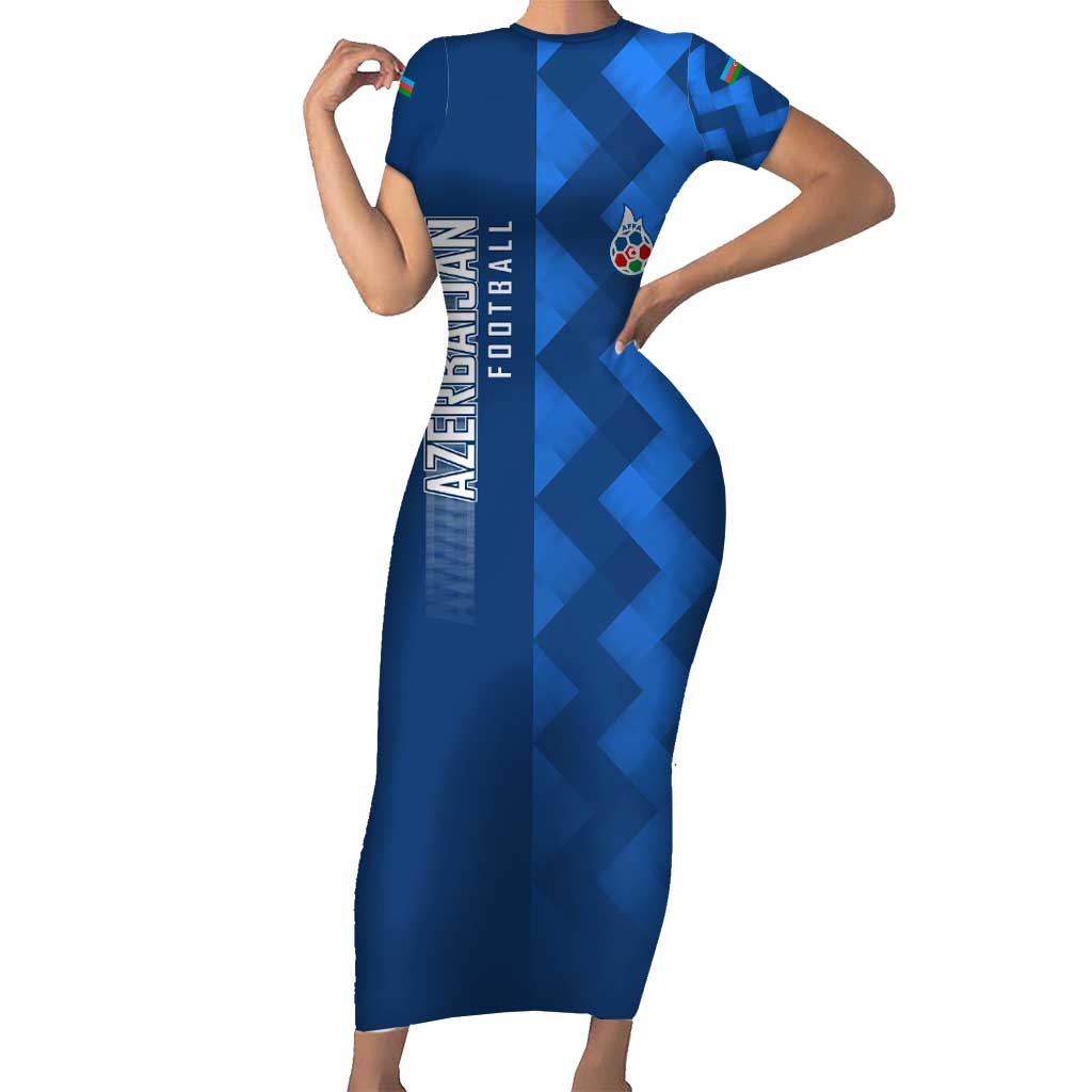 Azerbaijan Football Short Sleeve Bodycon Dress with AFFA Emblem in Blue Geometric Design
