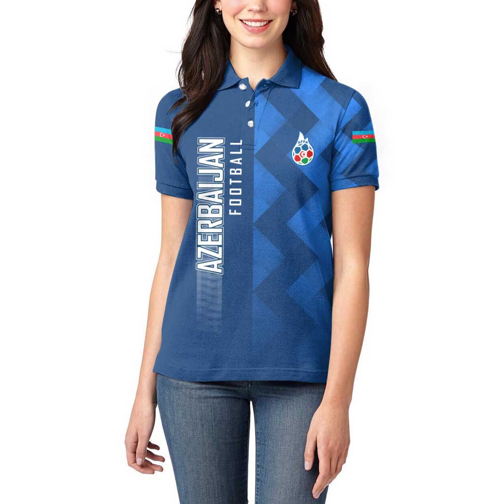 Azerbaijan Football Women Polo Shirt with AFFA Emblem in Blue Geometric Design