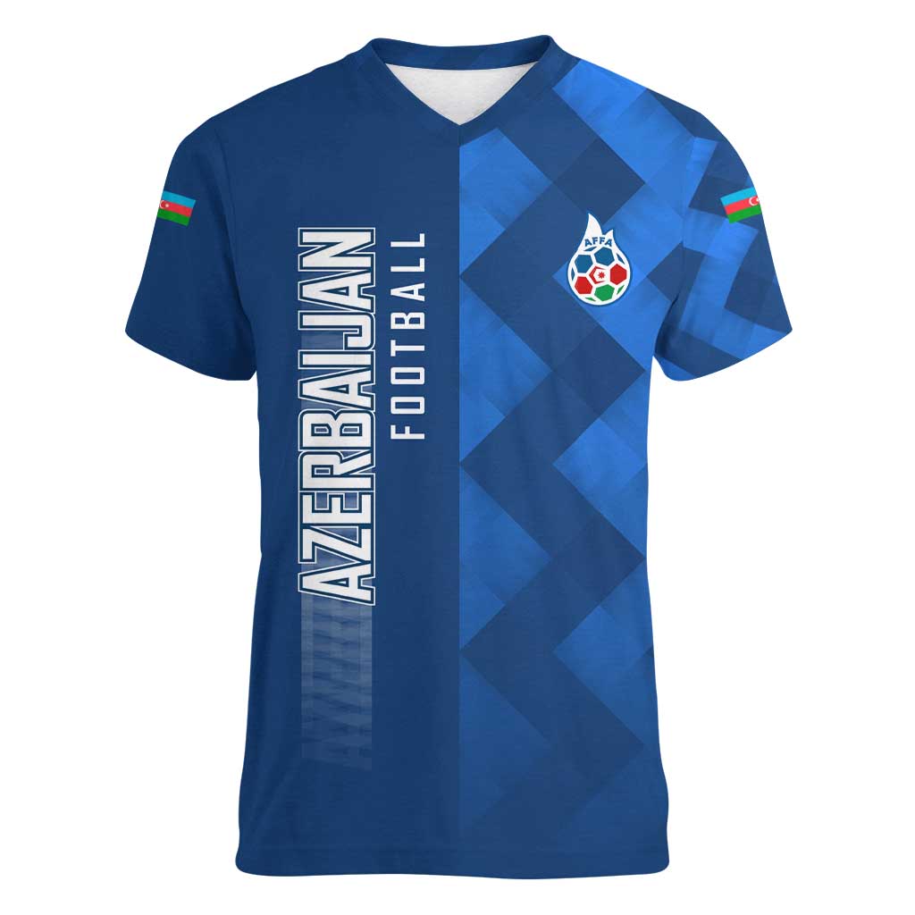 Azerbaijan Football Women V-Neck T-Shirt with AFFA Emblem in Blue Geometric Design