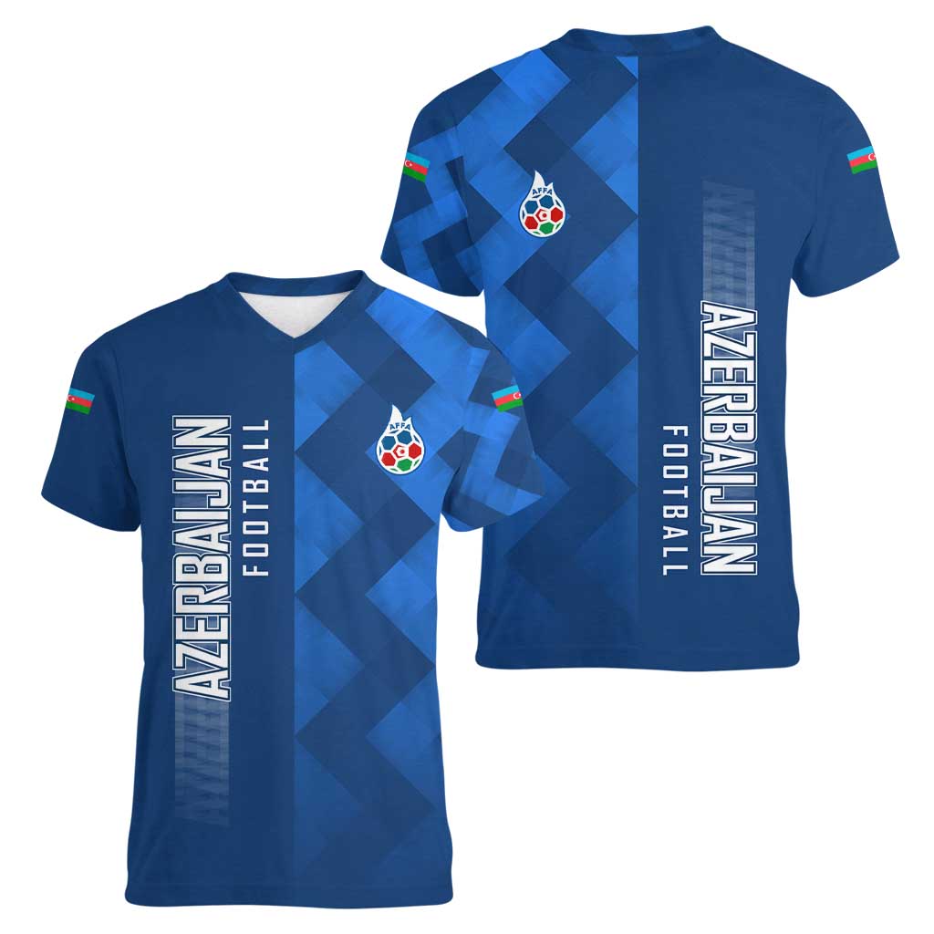Azerbaijan Football Women V-Neck T-Shirt with AFFA Emblem in Blue Geometric Design