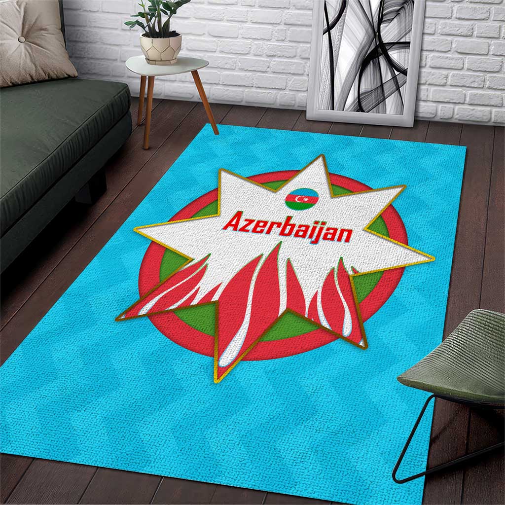 Azerbaijan National Emblem Area Rug with Star and Flame Design in Sky Blue