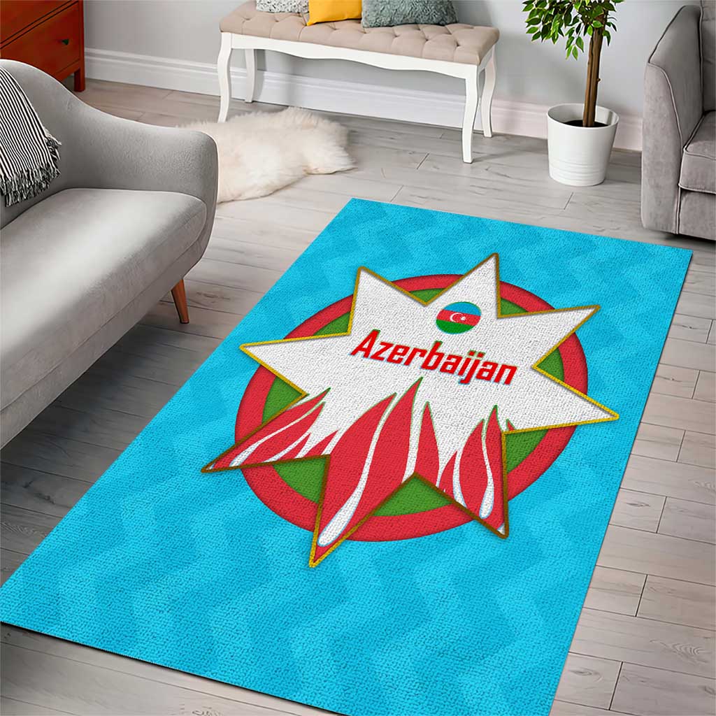 Azerbaijan National Emblem Area Rug with Star and Flame Design in Sky Blue