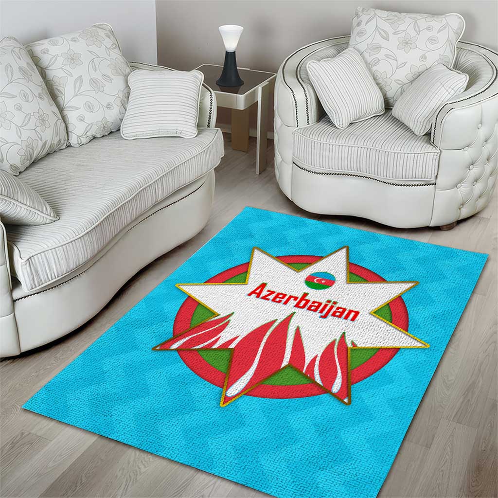 Azerbaijan National Emblem Area Rug with Star and Flame Design in Sky Blue
