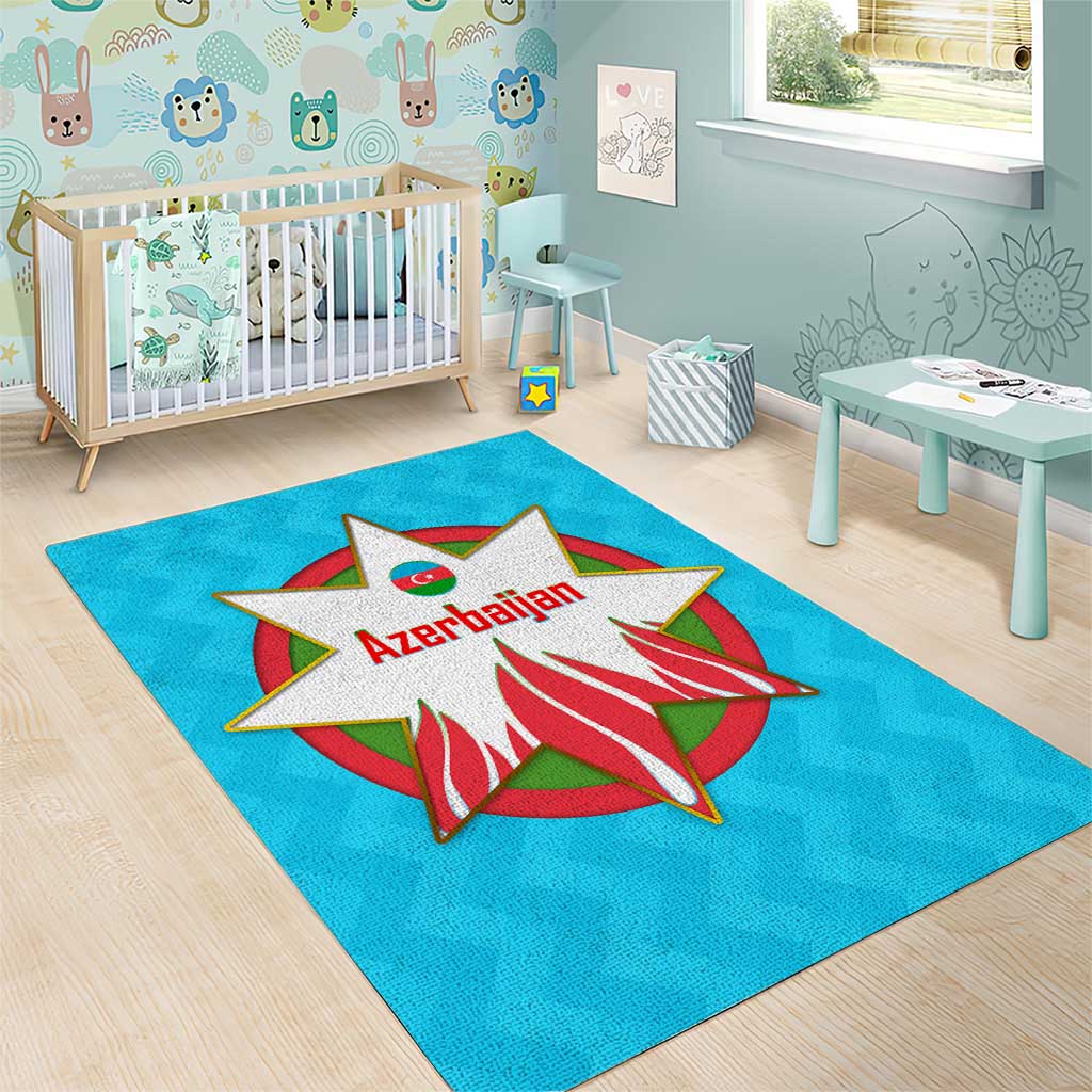 Azerbaijan National Emblem Area Rug with Star and Flame Design in Sky Blue