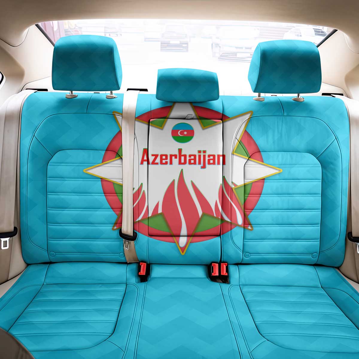Azerbaijan National Emblem Back Car Seat Cover with Star and Flame Design in Sky Blue
