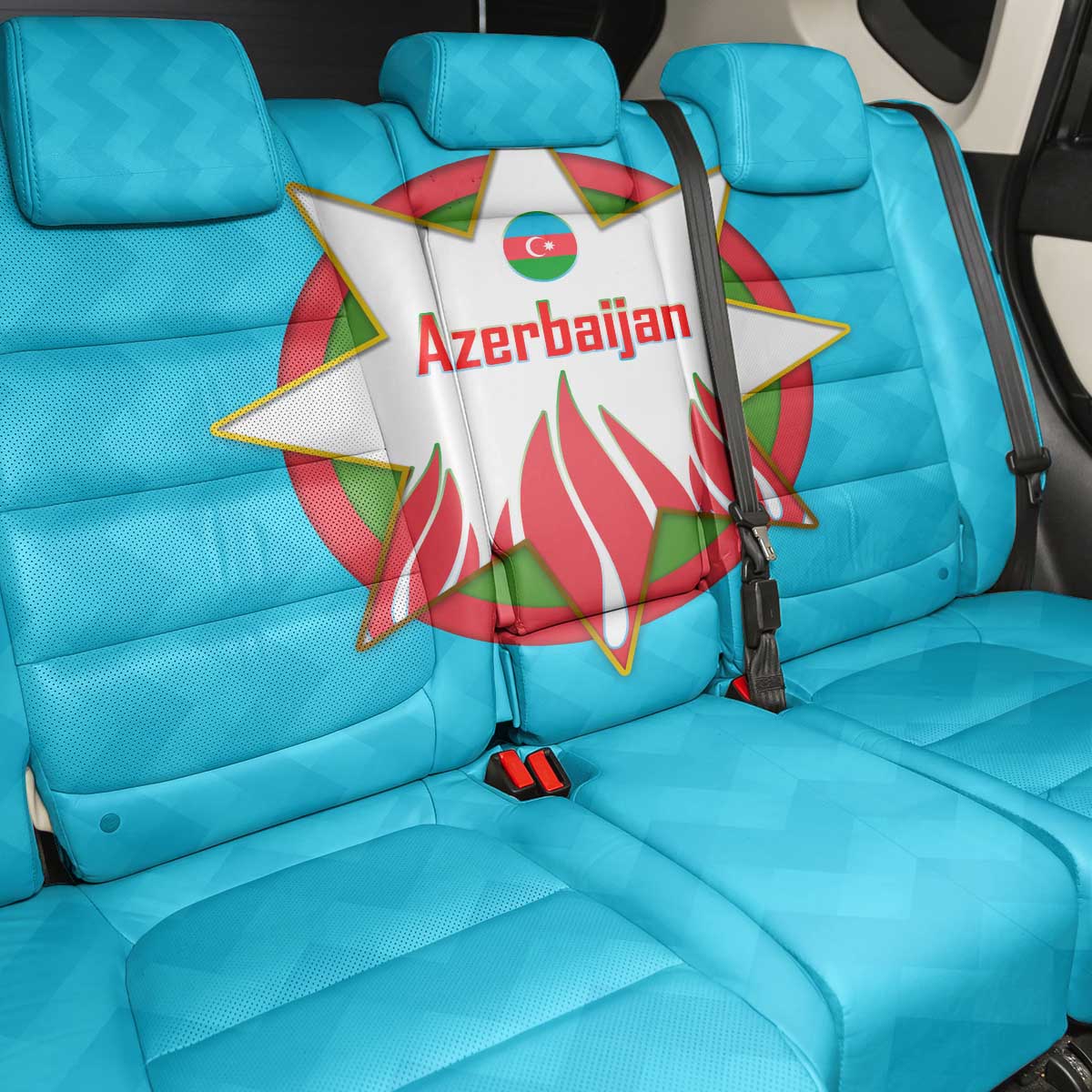 Azerbaijan National Emblem Back Car Seat Cover with Star and Flame Design in Sky Blue