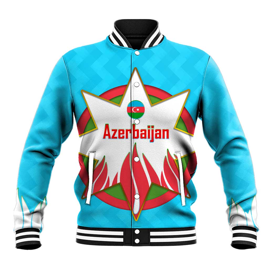 Azerbaijan National Emblem Baseball Jacket with Star and Flame Design in Sky Blue
