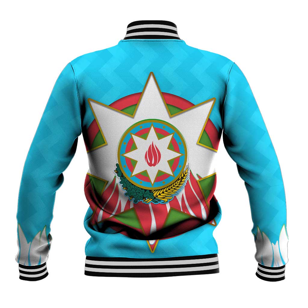 Azerbaijan National Emblem Baseball Jacket with Star and Flame Design in Sky Blue