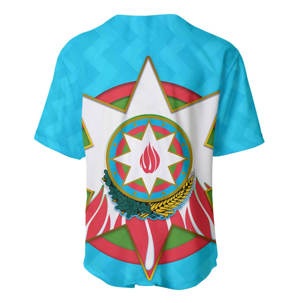 Azerbaijan National Emblem Baseball Jersey with Star and Flame Design in Sky Blue