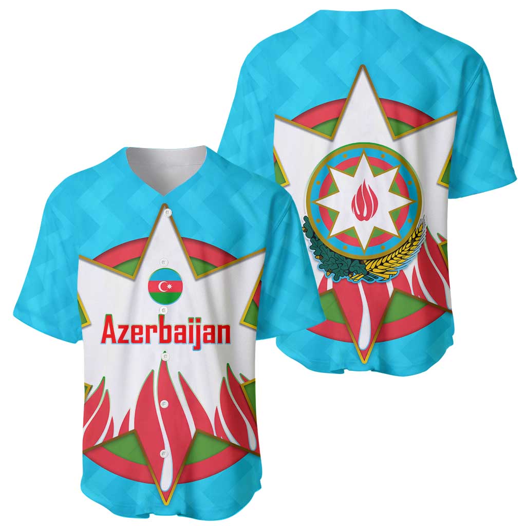 Azerbaijan National Emblem Baseball Jersey with Star and Flame Design in Sky Blue