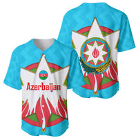 Azerbaijan National Emblem Baseball Jersey with Star and Flame Design in Sky Blue