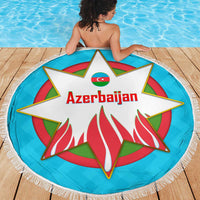 Azerbaijan National Emblem Beach Blanket with Star and Flame Design in Sky Blue