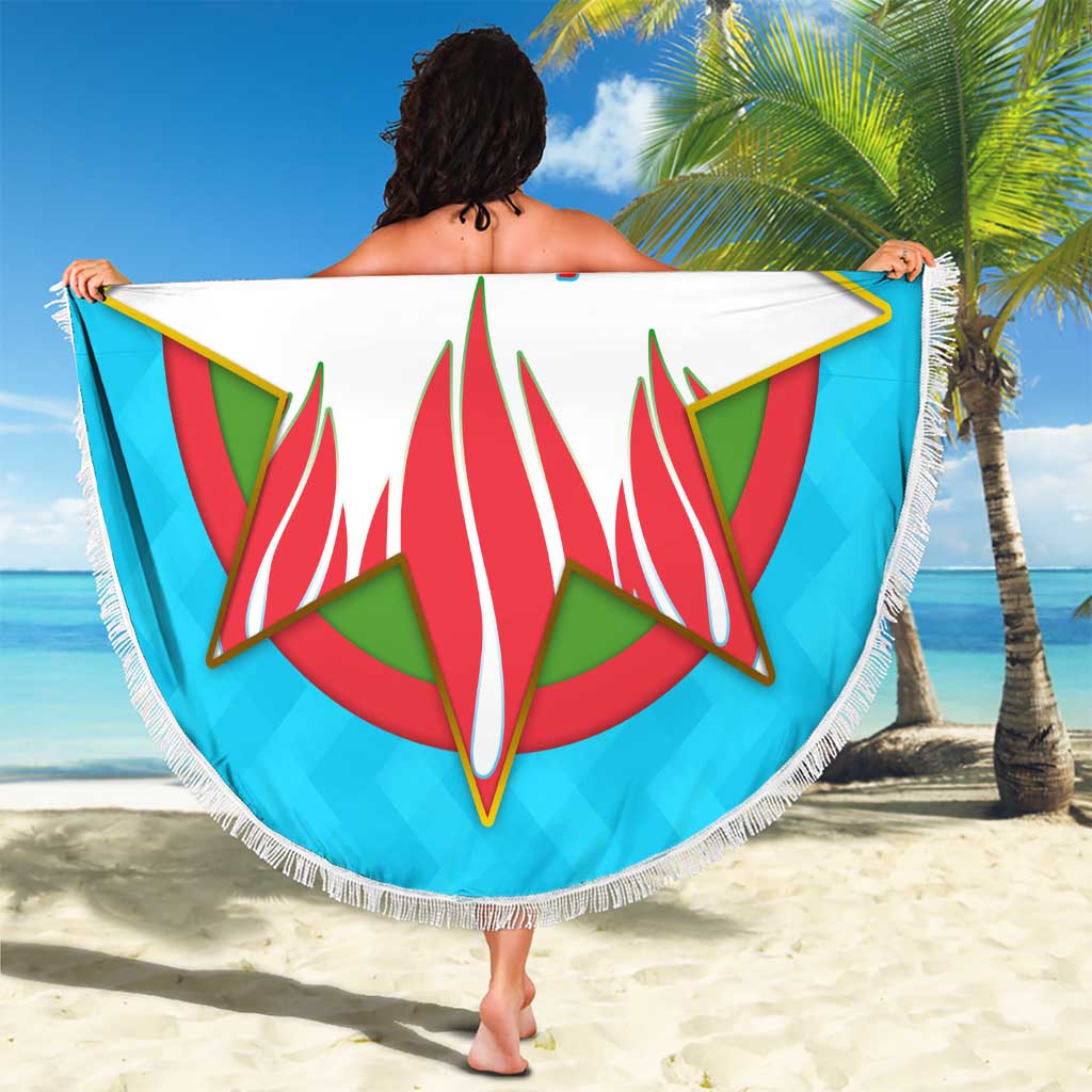 Azerbaijan National Emblem Beach Blanket with Star and Flame Design in Sky Blue
