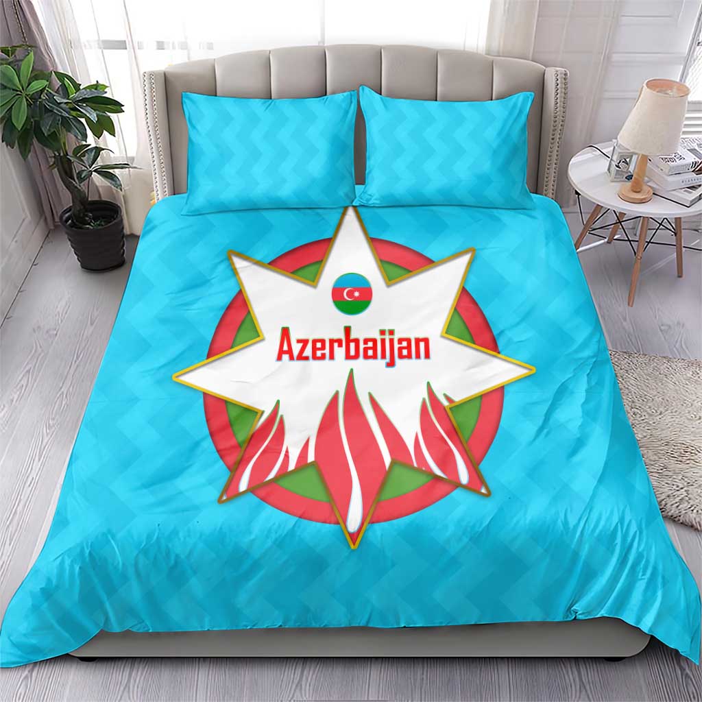 Azerbaijan National Emblem Bedding Set with Star and Flame Design in Sky Blue