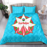 Azerbaijan National Emblem Bedding Set with Star and Flame Design in Sky Blue