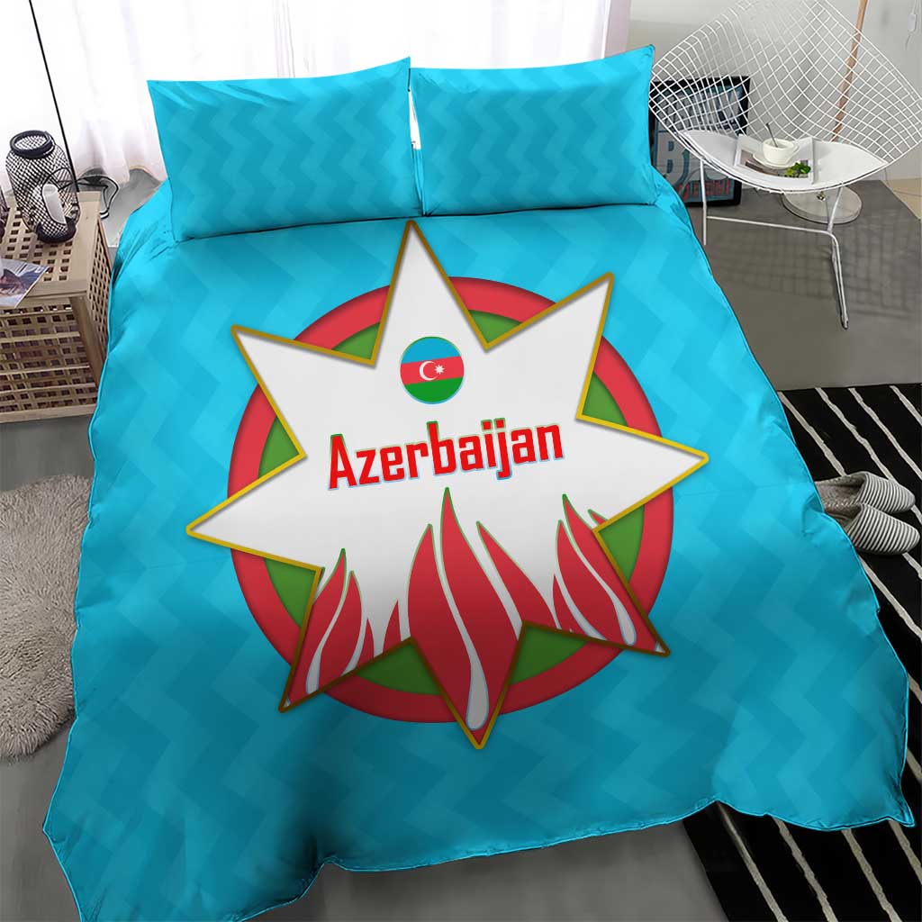 Azerbaijan National Emblem Bedding Set with Star and Flame Design in Sky Blue