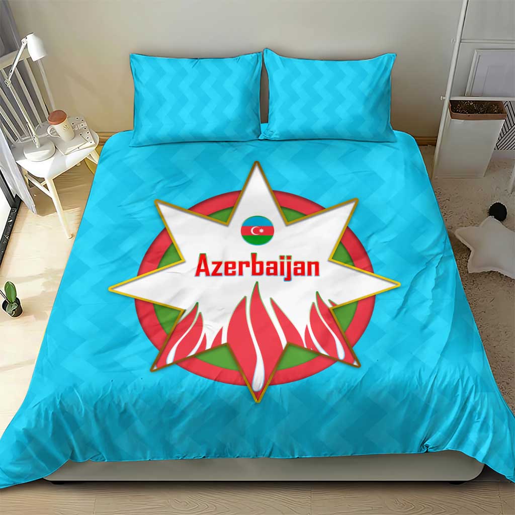 Azerbaijan National Emblem Bedding Set with Star and Flame Design in Sky Blue