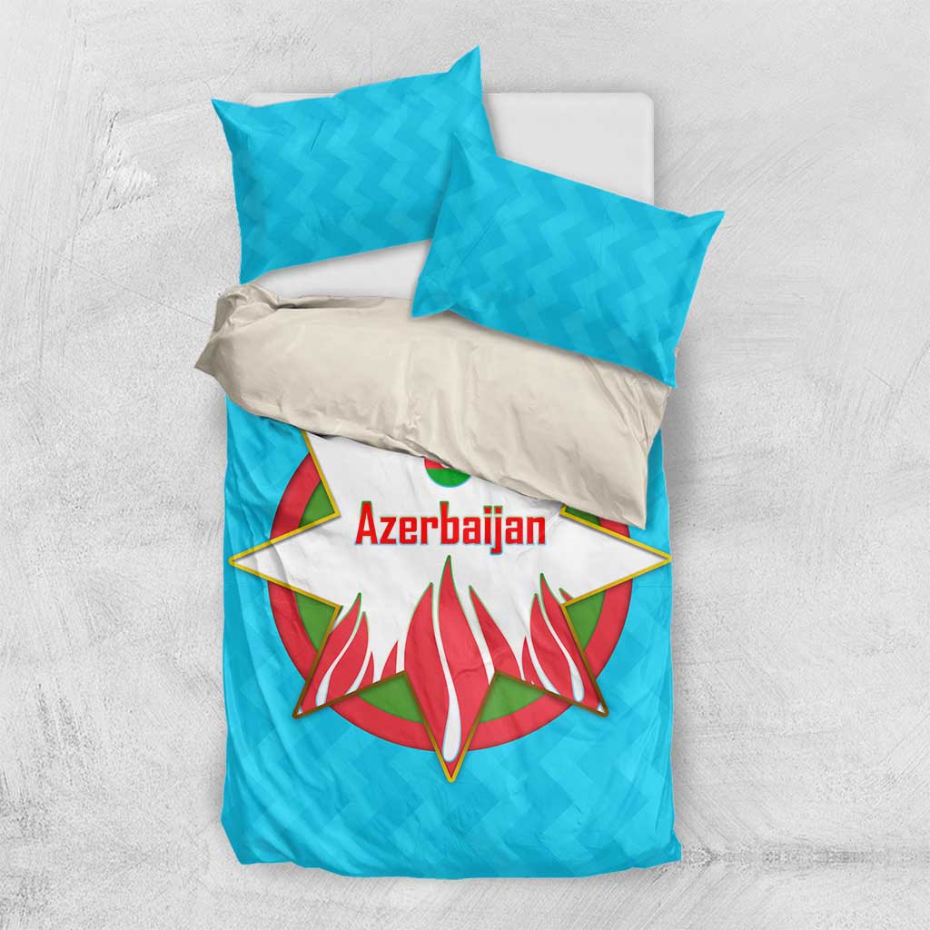 Azerbaijan National Emblem Bedding Set with Star and Flame Design in Sky Blue