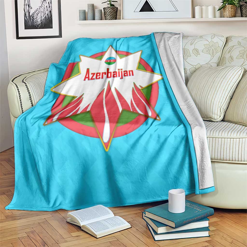 Azerbaijan National Emblem Blanket with Star and Flame Design in Sky Blue
