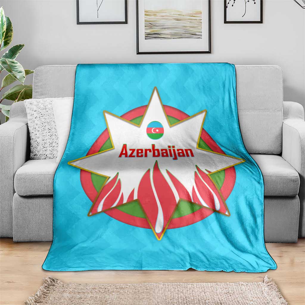 Azerbaijan National Emblem Blanket with Star and Flame Design in Sky Blue